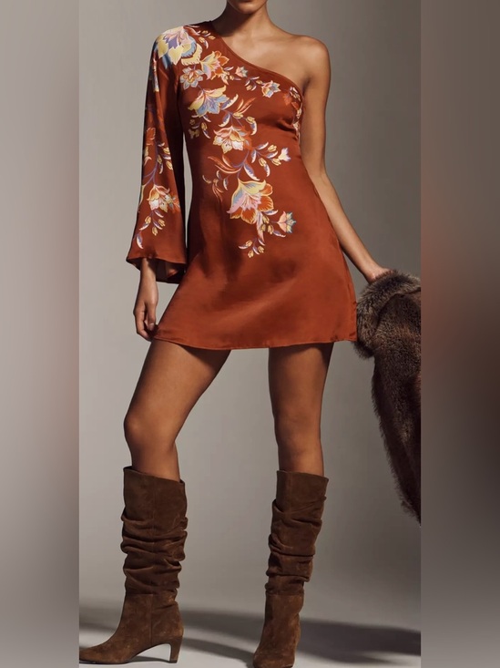 FARM Rio Dresses & Skirts - FARM Rio Rust Floral Patterned One Shoulder Bell Sleeve Mini Dress - Size XL
